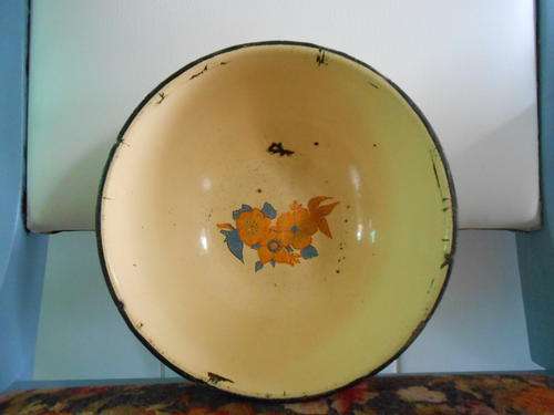 Yellow Enamel Bowel with Orange and Blue Flower print (18cm diameter)